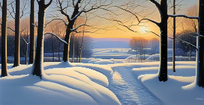A tranquil winter landscape with snow-covered trees and a golden sunset, creating a peaceful and serene atmosphere.