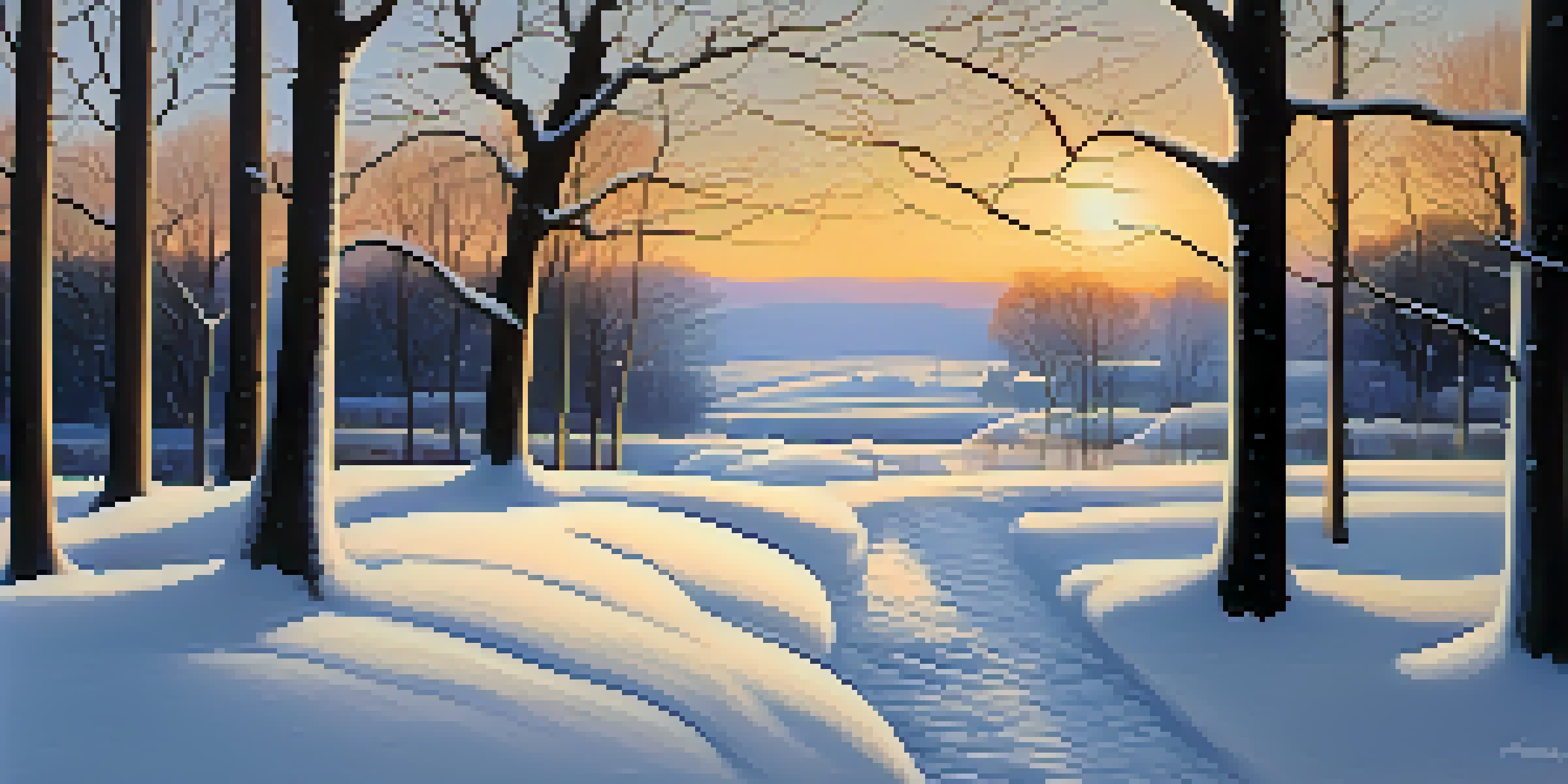 A tranquil winter landscape with snow-covered trees and a golden sunset, creating a peaceful and serene atmosphere.