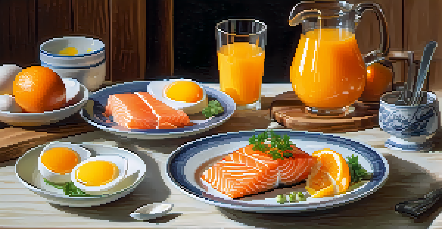 A plate of salmon, egg yolks, and a glass of orange juice on a wooden table, showcasing healthy food options rich in Vitamin D.