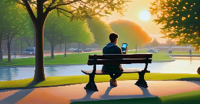A person sitting on a park bench at sunset, looking at their smartphone, surrounded by nature.