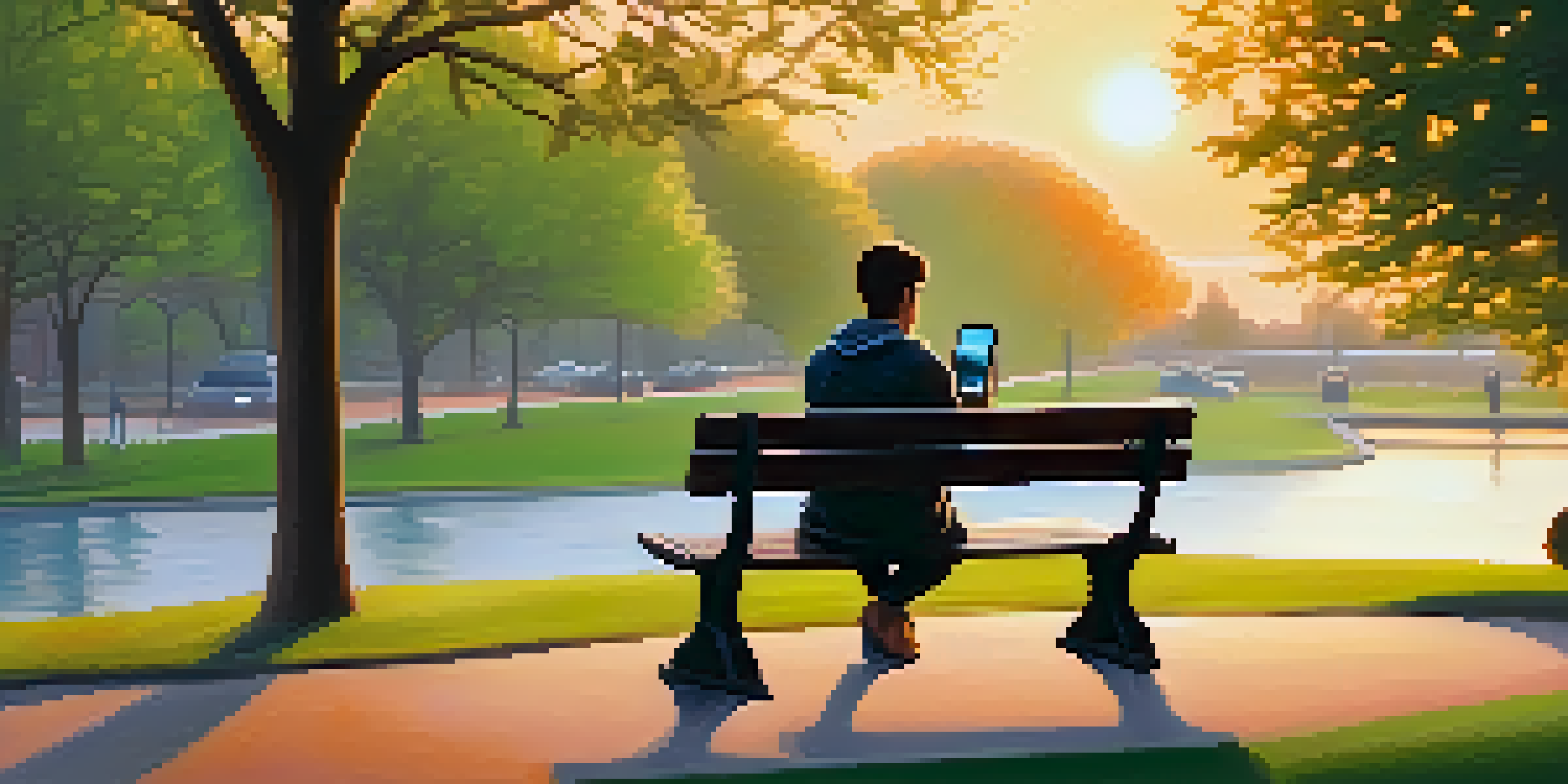 A person sitting on a park bench at sunset, looking at their smartphone, surrounded by nature.