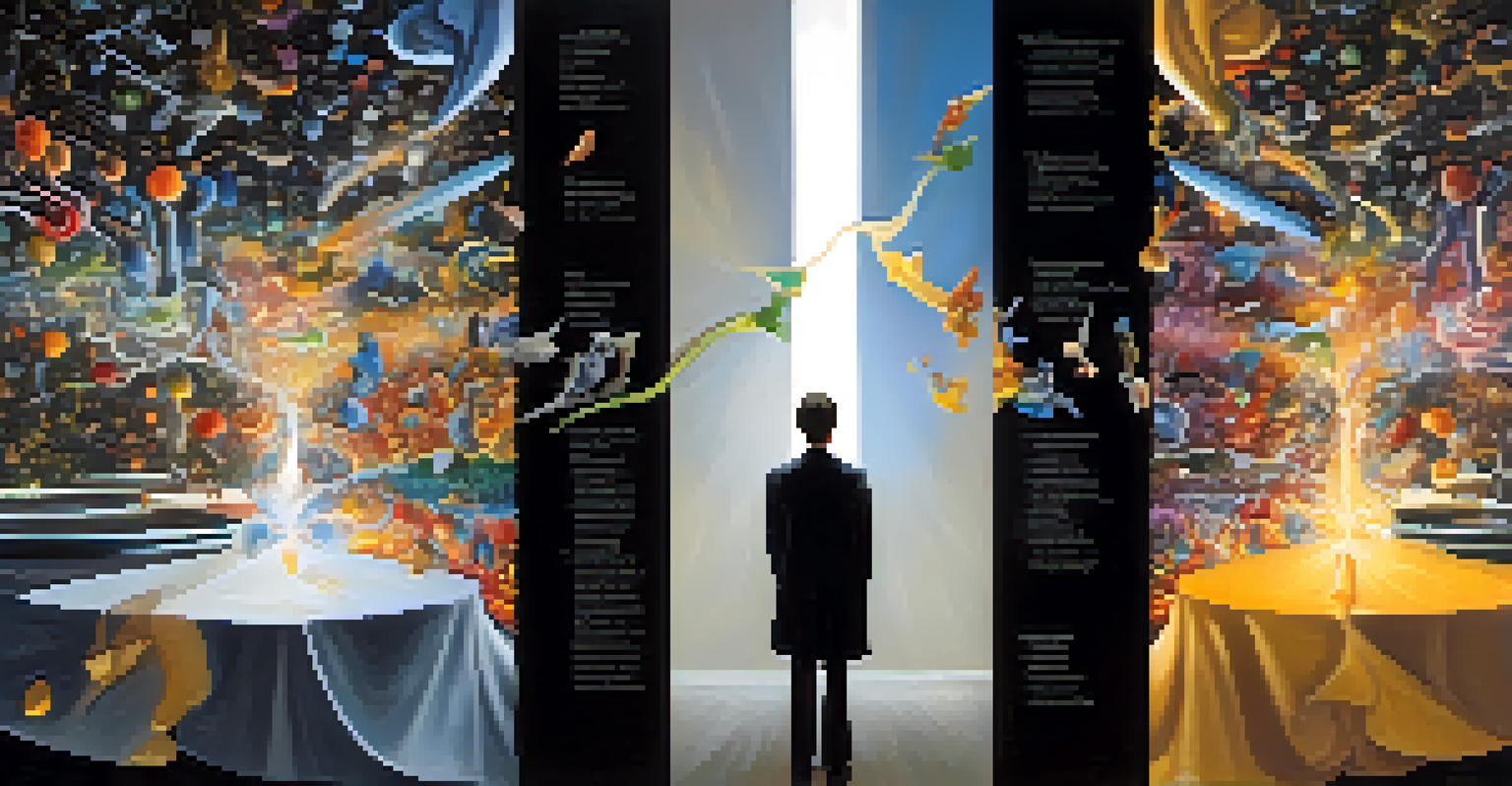 A split image showing dark chaotic imagery on one side and bright harmonious visuals on the other, illustrating cognitive distortions.