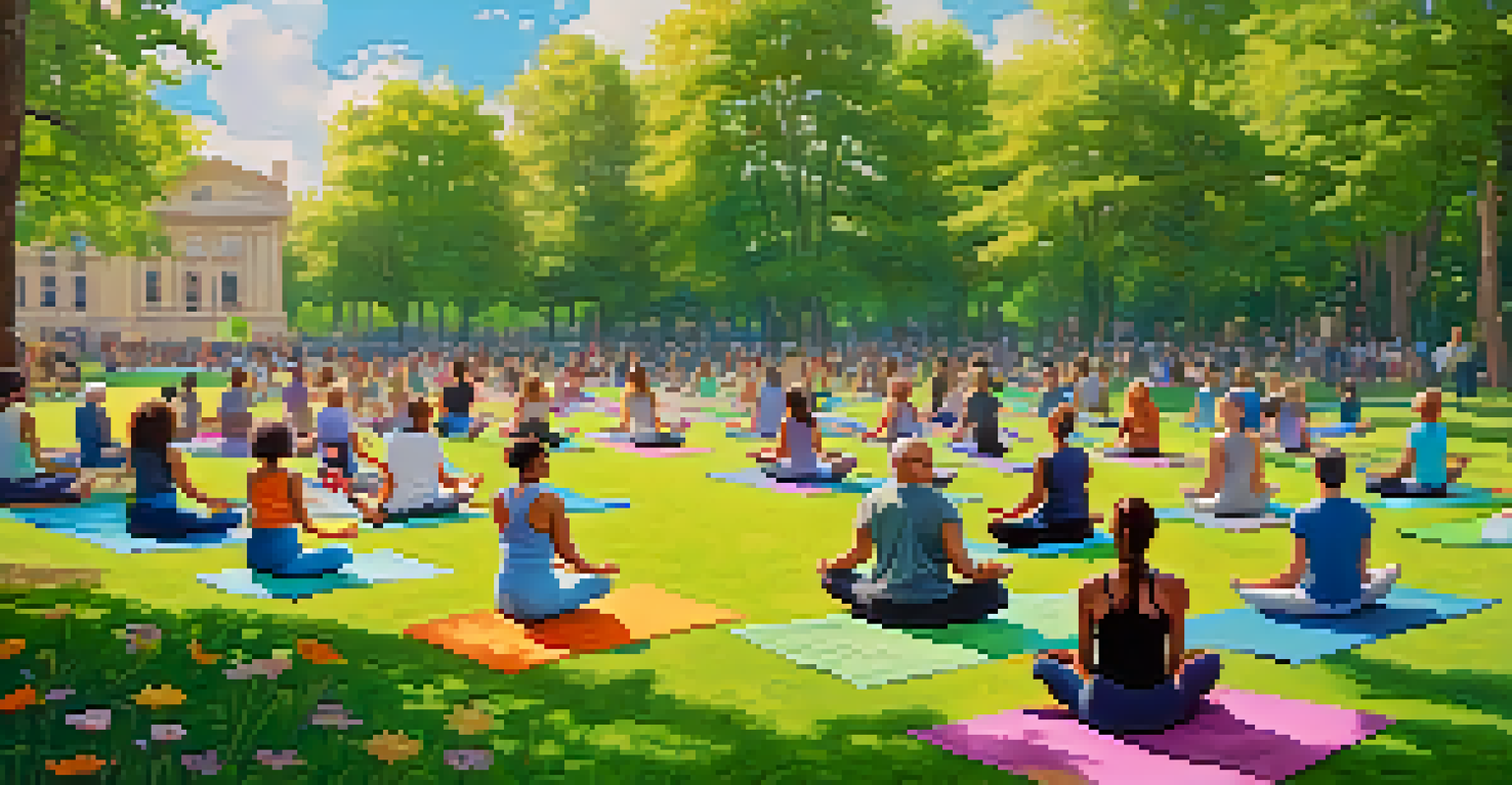 A diverse group of people practicing yoga together in a park, with colorful mats and a sunny sky creating a sense of unity and wellness.