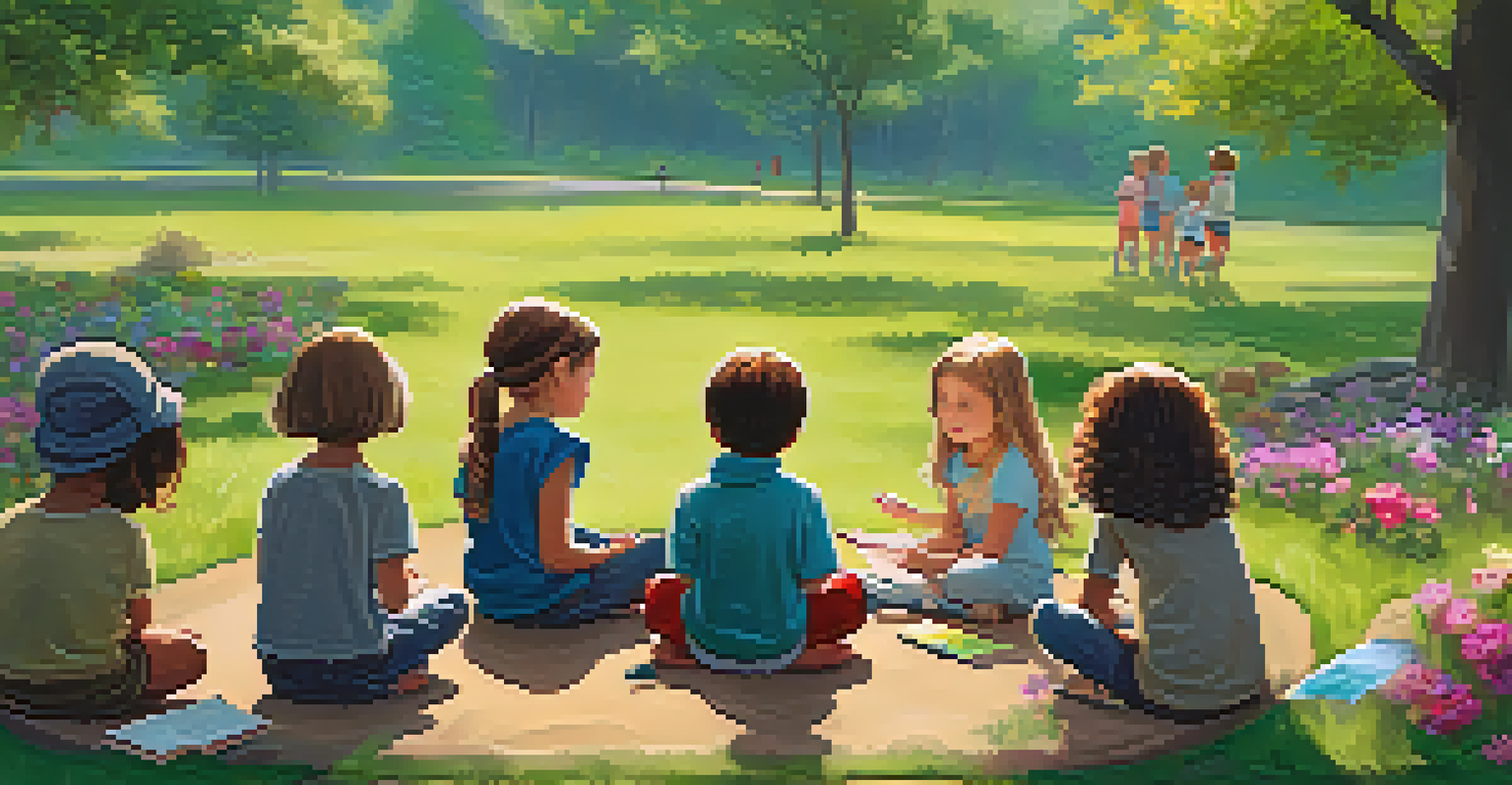 Children in a circle on grass, practicing mindfulness by observing nature, with a teacher guiding them.