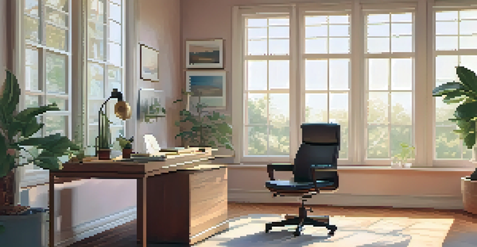 A cozy home office with natural light, a chair, a plant, and a journal on a wooden desk.