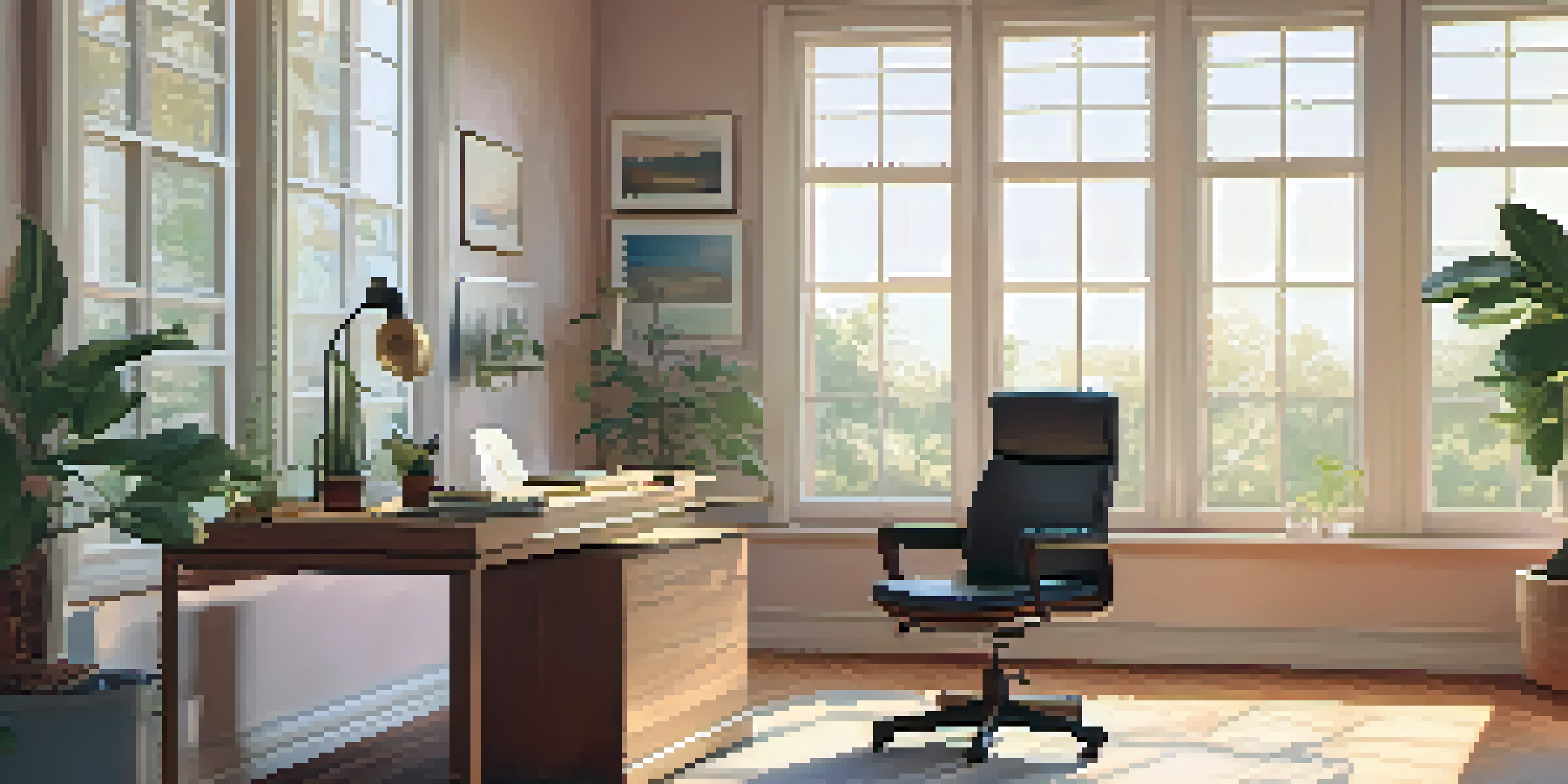 A cozy home office with natural light, a chair, a plant, and a journal on a wooden desk.