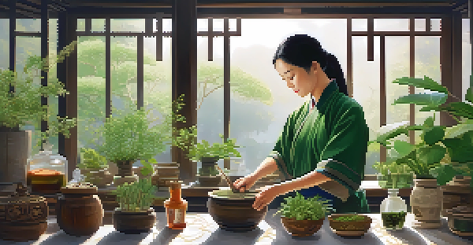 An elderly Asian woman mixing herbal remedies in a sunlit room filled with plants and jars of herbs, creating a peaceful atmosphere.