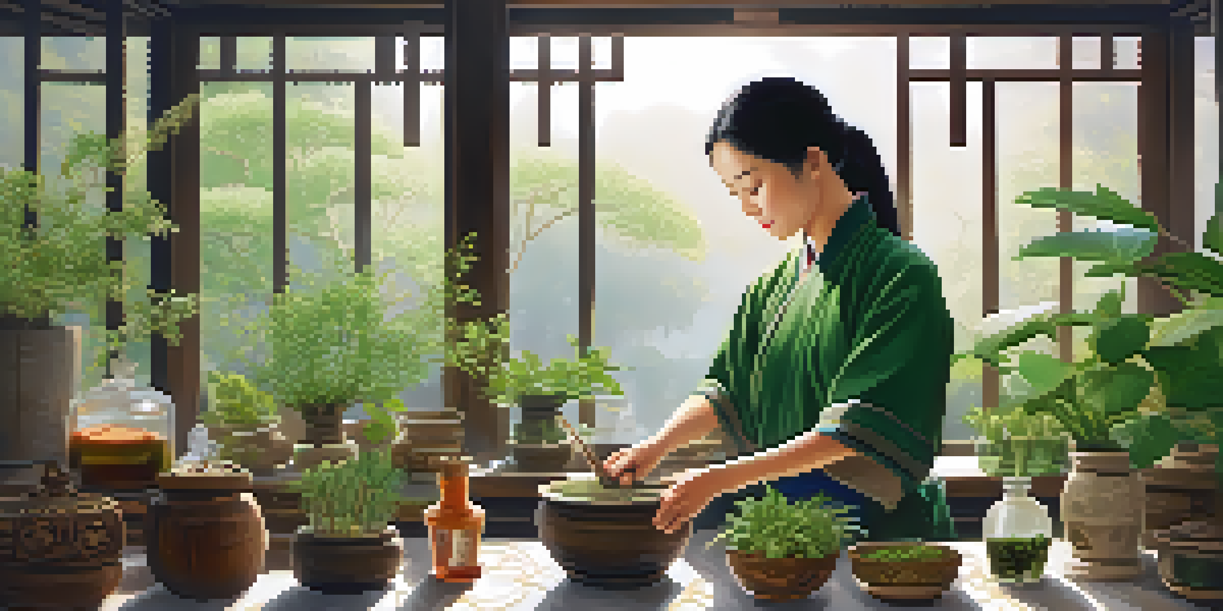 An elderly Asian woman mixing herbal remedies in a sunlit room filled with plants and jars of herbs, creating a peaceful atmosphere.