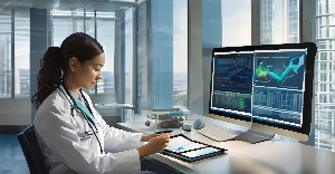 A doctor examining a tablet displaying a patient's health data amidst digital graphs and charts in a bright hospital room.