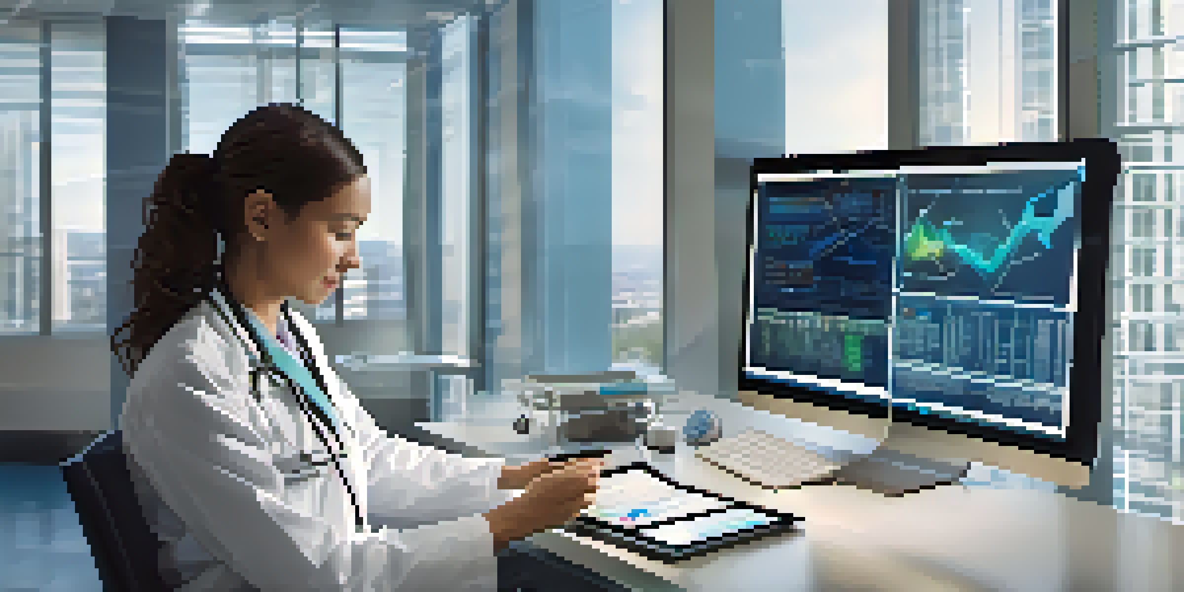 A doctor examining a tablet displaying a patient's health data amidst digital graphs and charts in a bright hospital room.