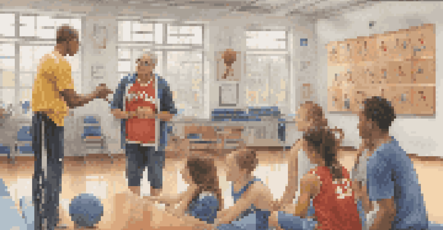 A family physician talking to young athletes about injury prevention strategies in a vibrant community sports center.
