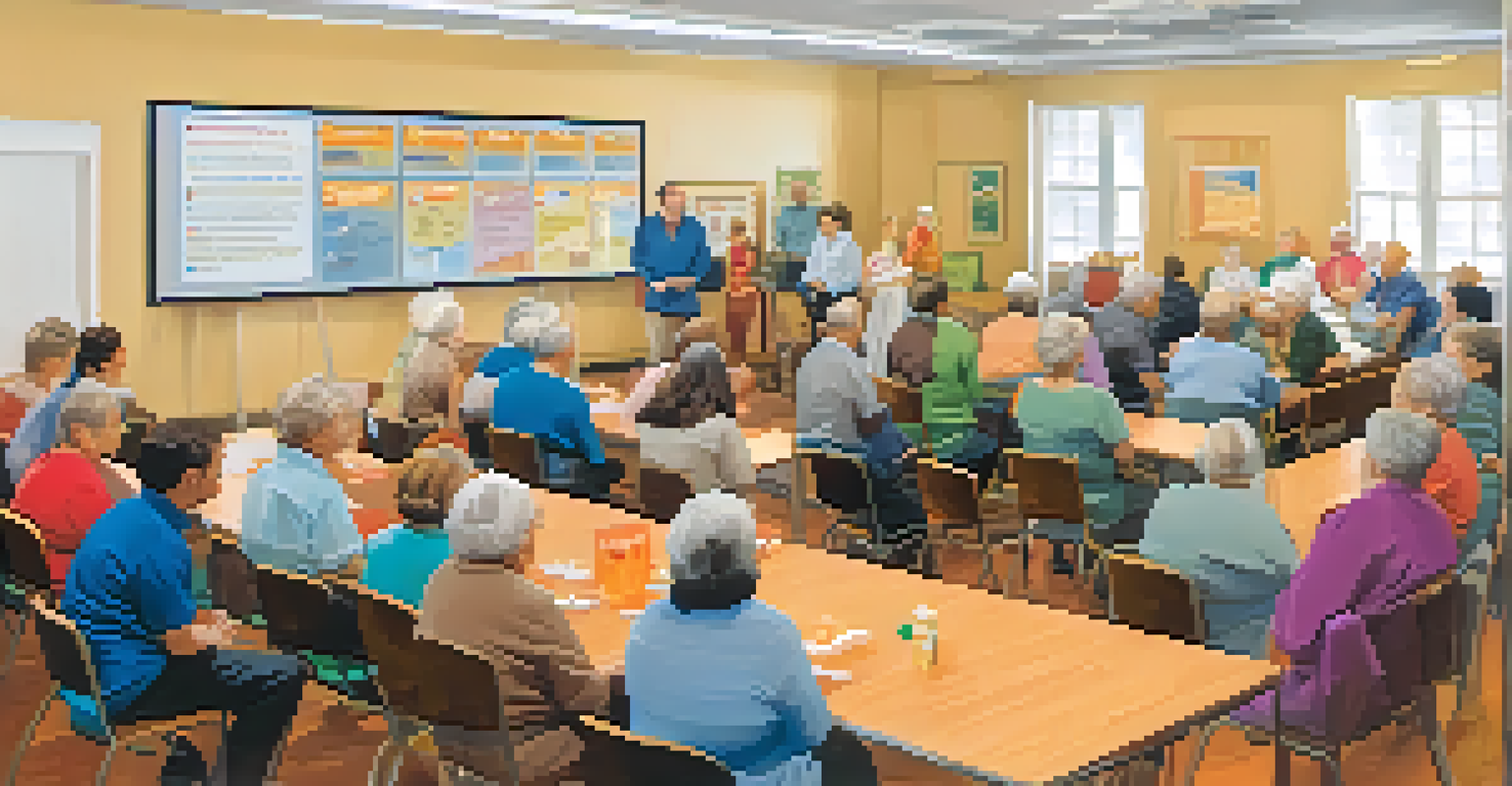 An educational workshop on diabetes management in a community center, with participants listening to a healthcare provider and visual aids displayed.