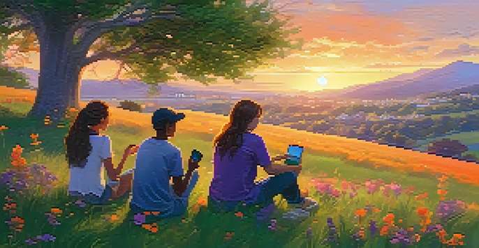 A group of diverse teenagers sitting on a grassy hill in a park at sunset, laughing and sharing smartphones, with a colorful sunset sky and wildflowers in the foreground.