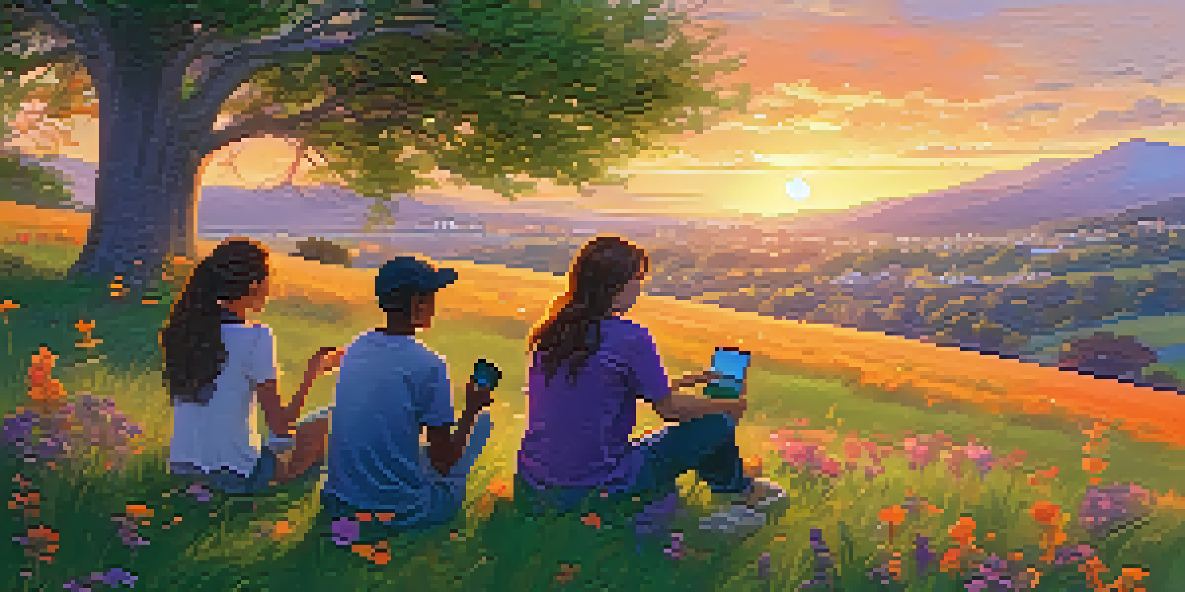 A group of diverse teenagers sitting on a grassy hill in a park at sunset, laughing and sharing smartphones, with a colorful sunset sky and wildflowers in the foreground.