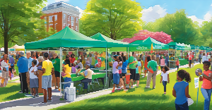A community health fair in a sunny park with diverse families participating in health activities and volunteers engaging with attendees.