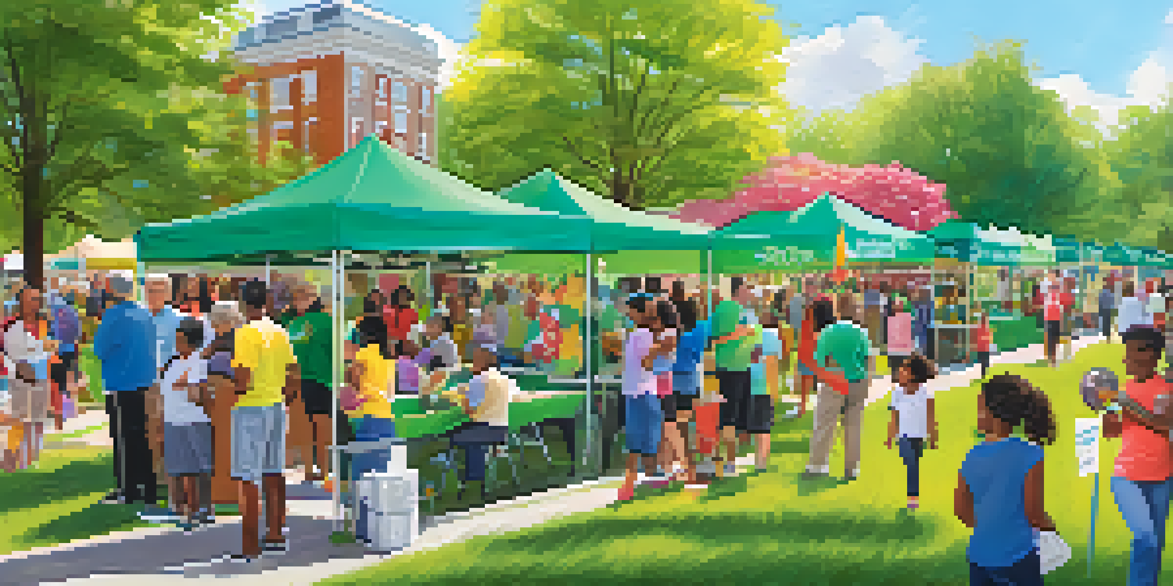 A community health fair in a sunny park with diverse families participating in health activities and volunteers engaging with attendees.