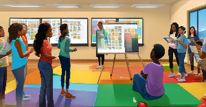 A diverse group of individuals participating in a health literacy workshop in a bright community center.