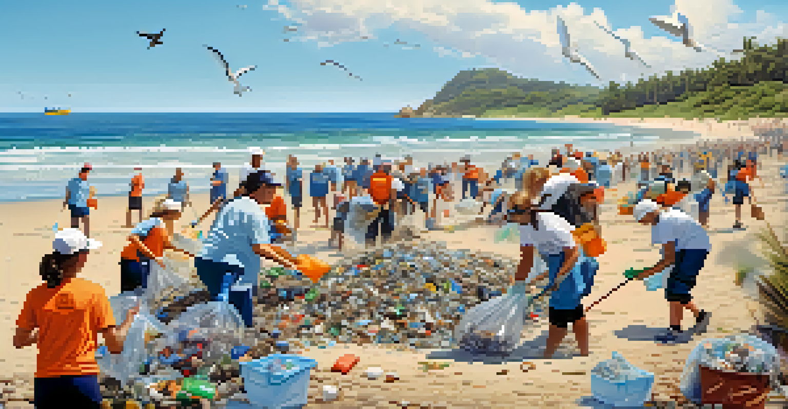 Volunteers participating in a beach clean-up, collecting plastic waste with the ocean and blue sky in the background, showcasing community effort and environmental care.