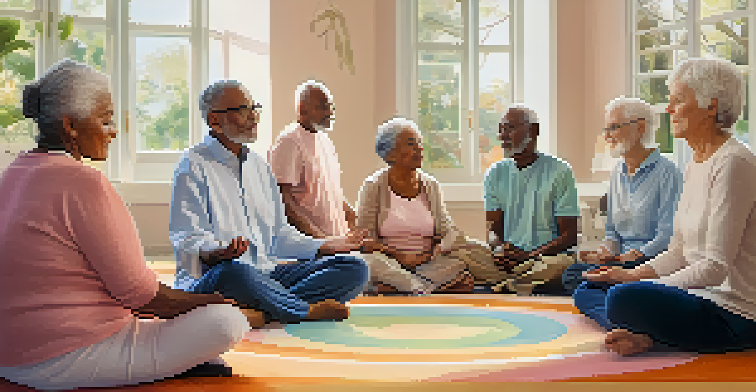A group of seniors in a meditation session at a community center, showcasing a supportive environment and connection.