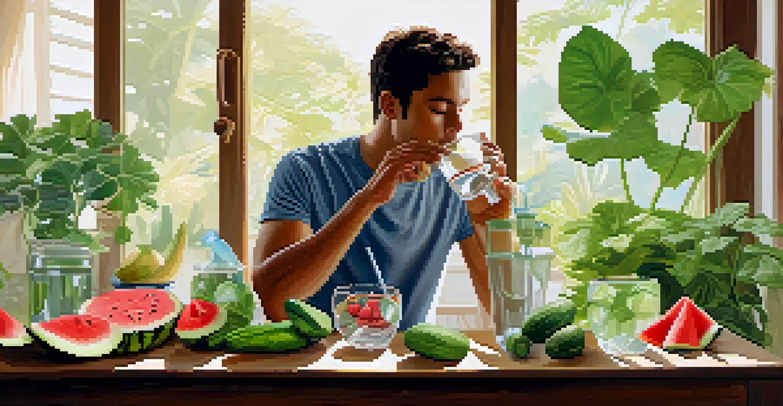 A person sipping water surrounded by cucumbers and watermelon, emphasizing hydration in recovery.