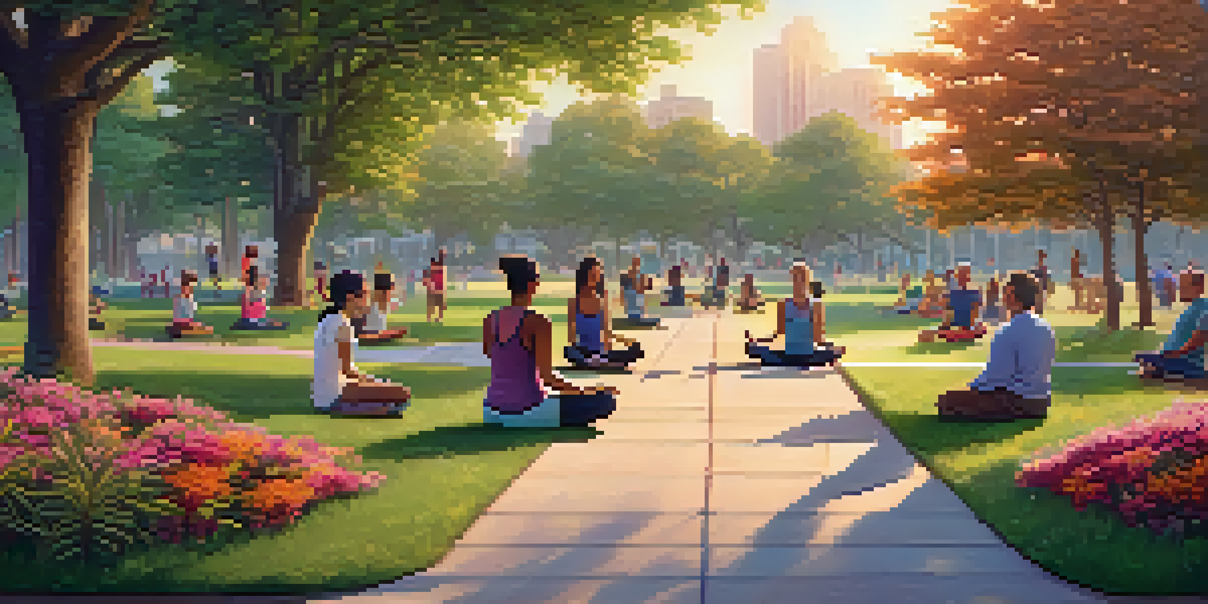 A peaceful park scene with a diverse group of people exercising and relaxing among trees and flowers during sunset.