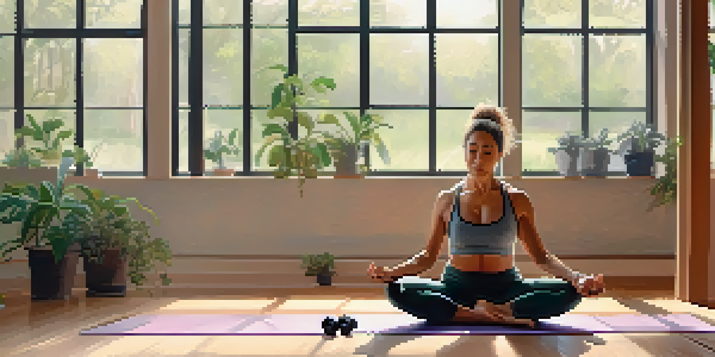 A middle-aged woman lifting dumbbells in a bright and calming indoor fitness space with large windows and potted plants.