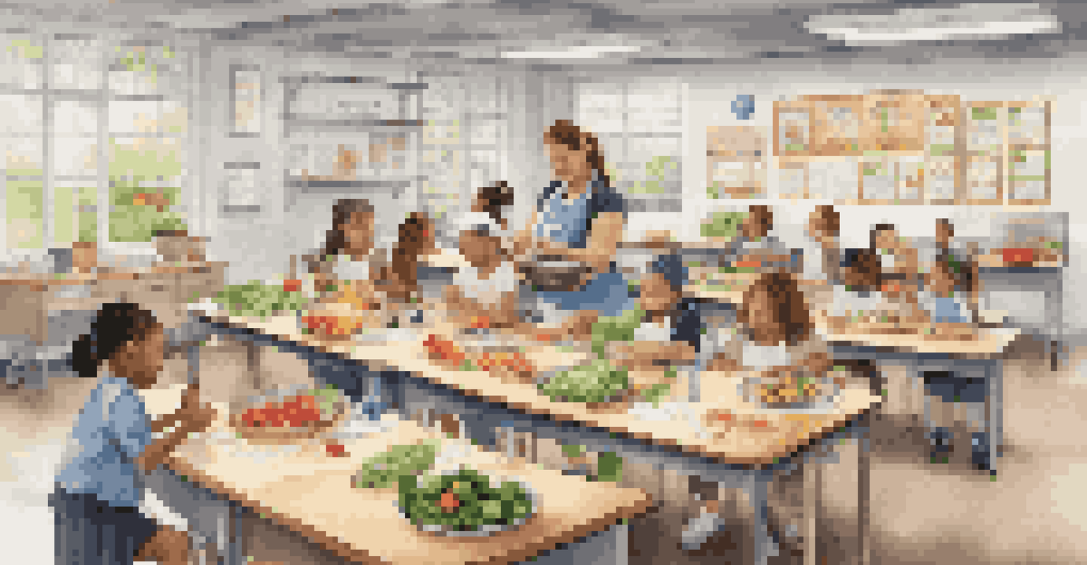 Children in a school classroom participating in a cooking class with fresh produce and educational materials about nutrition.