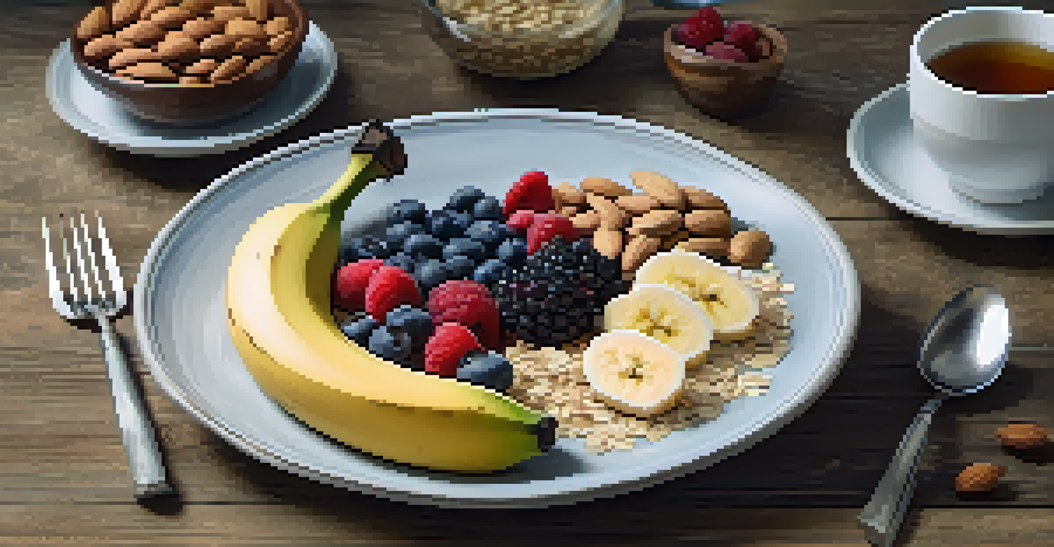 A plate with bananas, almonds, oatmeal topped with berries, and a glass of herbal tea on a rustic wooden table.