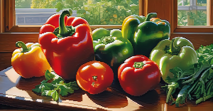 A bright arrangement of fresh fruits and vegetables on a wooden table, illuminated by sunlight.