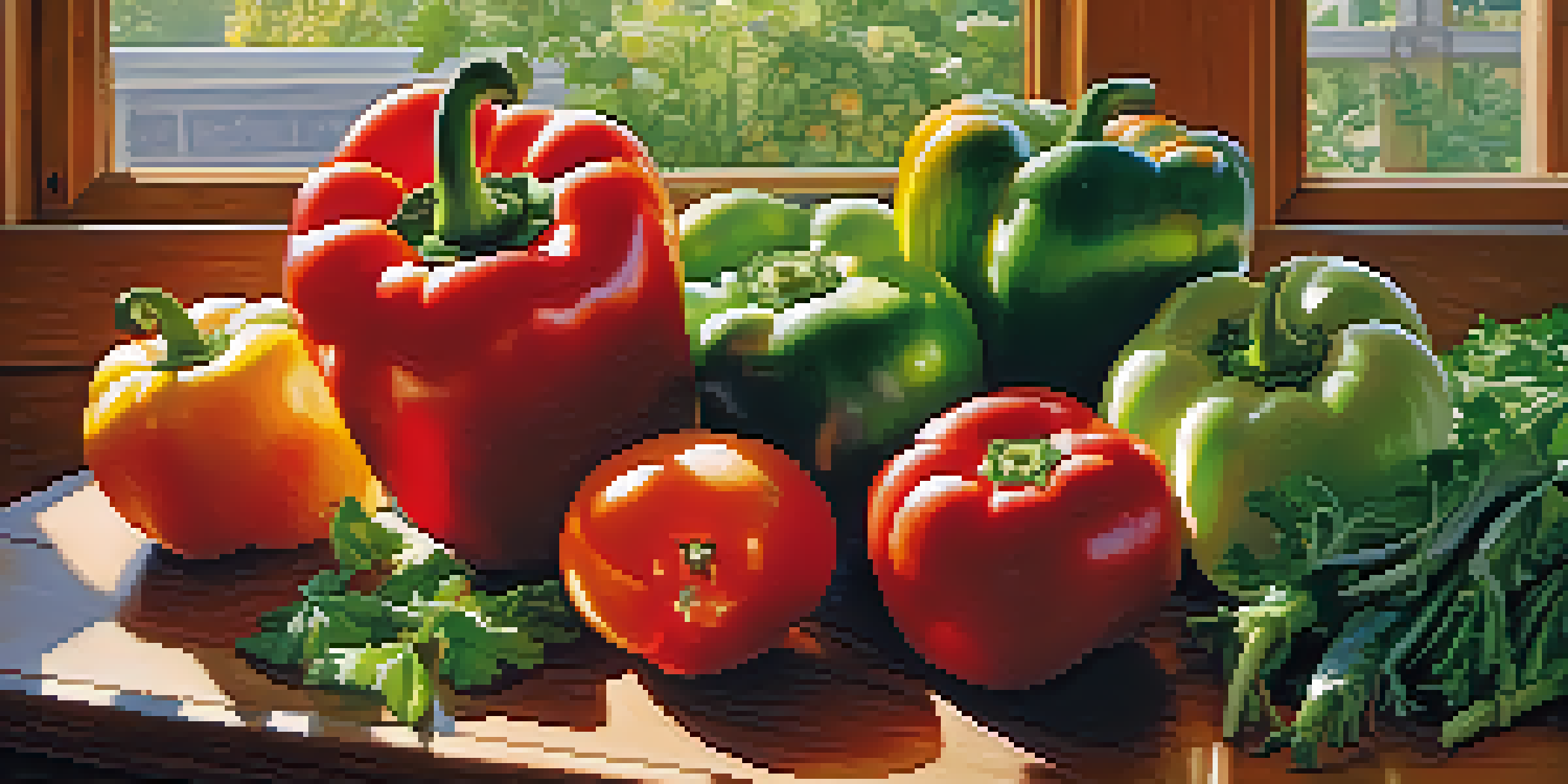 A bright arrangement of fresh fruits and vegetables on a wooden table, illuminated by sunlight.