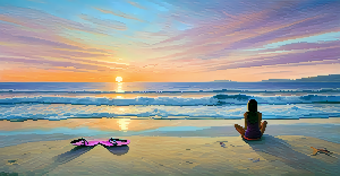 A peaceful beach scene at sunset with vibrant colors, soft waves, and a person practicing yoga in the distance.
