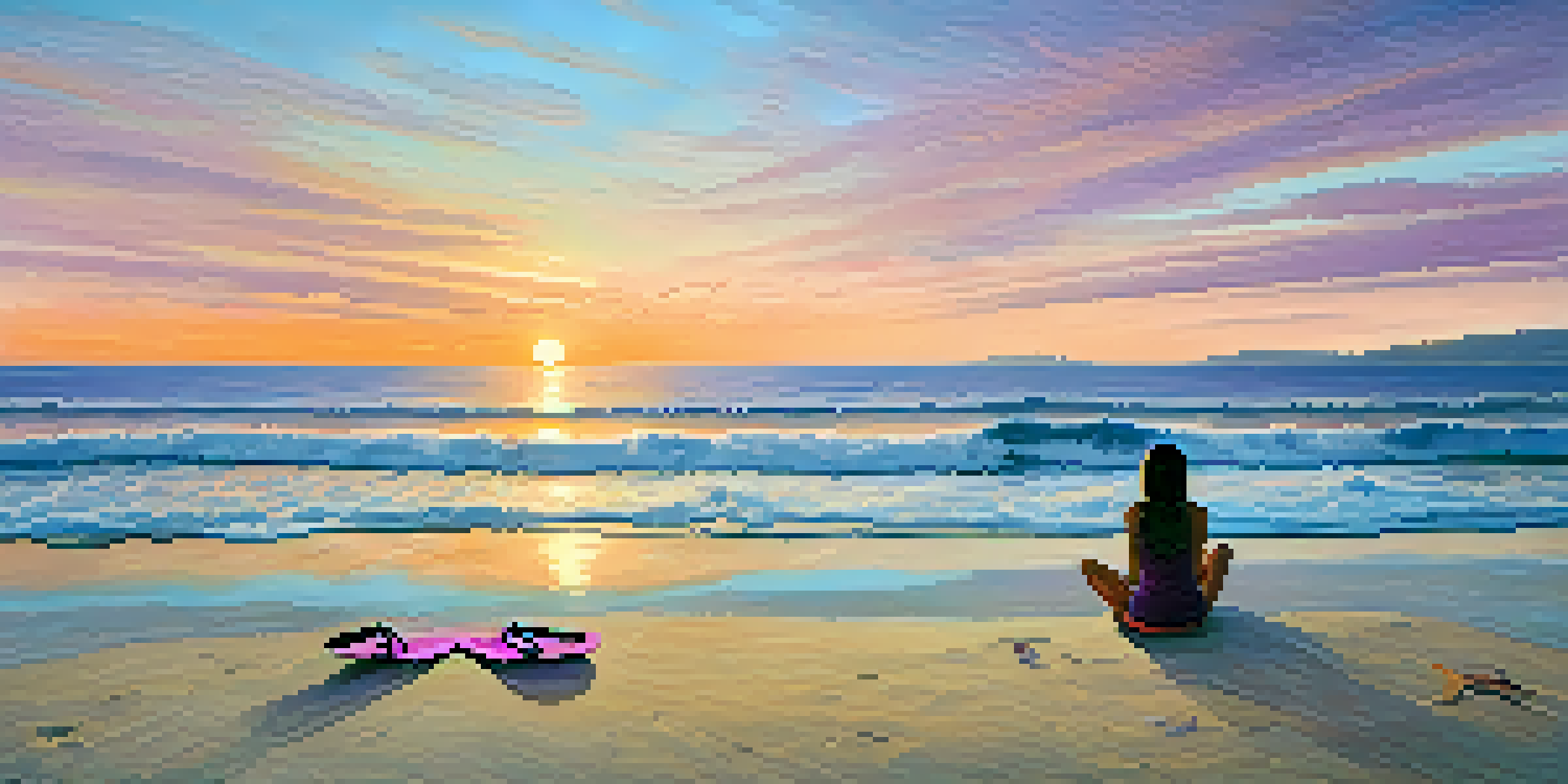 A peaceful beach scene at sunset with vibrant colors, soft waves, and a person practicing yoga in the distance.