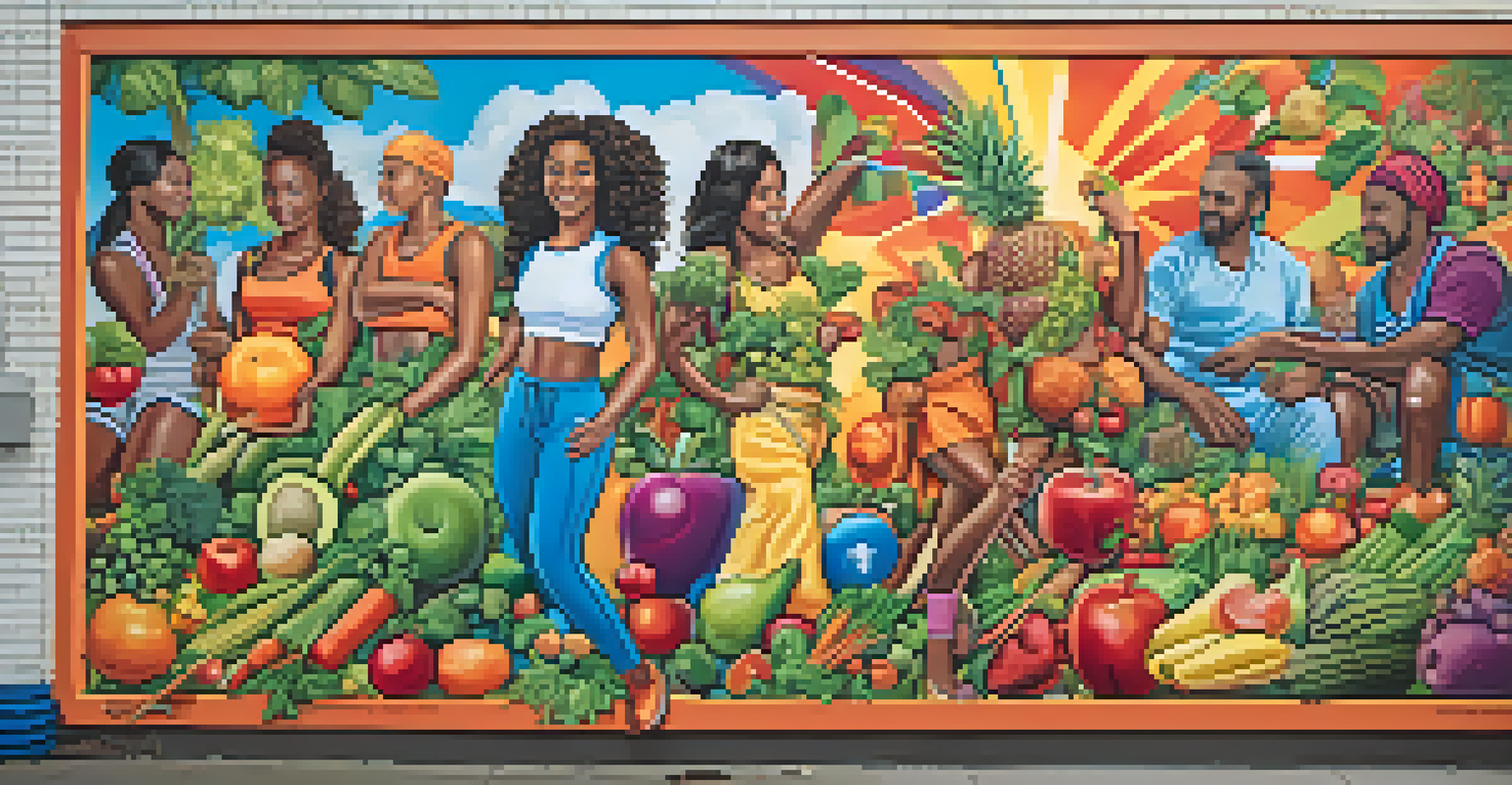 A colorful community mural illustrating various health themes and activities.