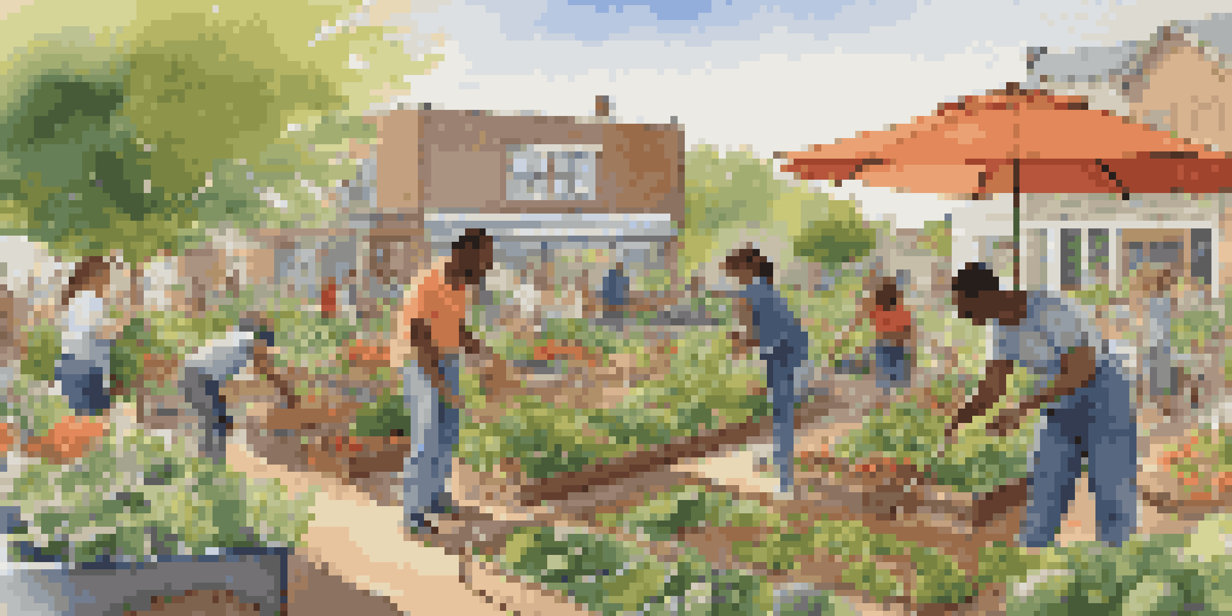 A diverse group of people working together in a colorful community garden filled with vegetables and flowers, illuminated by warm sunlight.