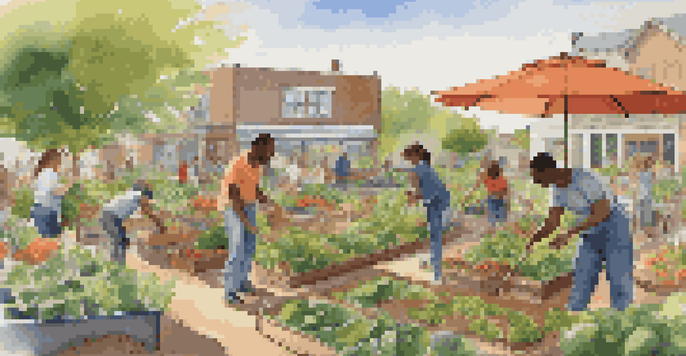 A diverse group of people working together in a colorful community garden filled with vegetables and flowers, illuminated by warm sunlight.