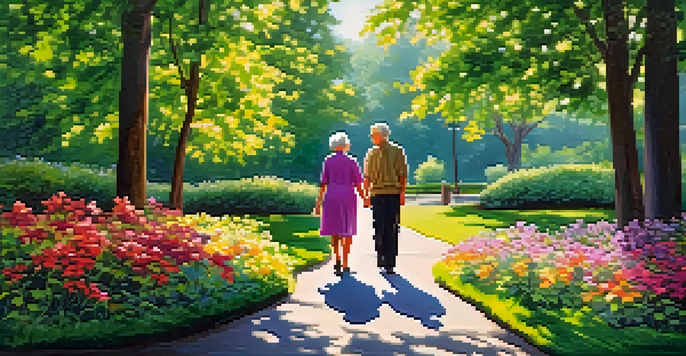 A senior couple walking hand in hand on a sunny park pathway, surrounded by flowers and trees.