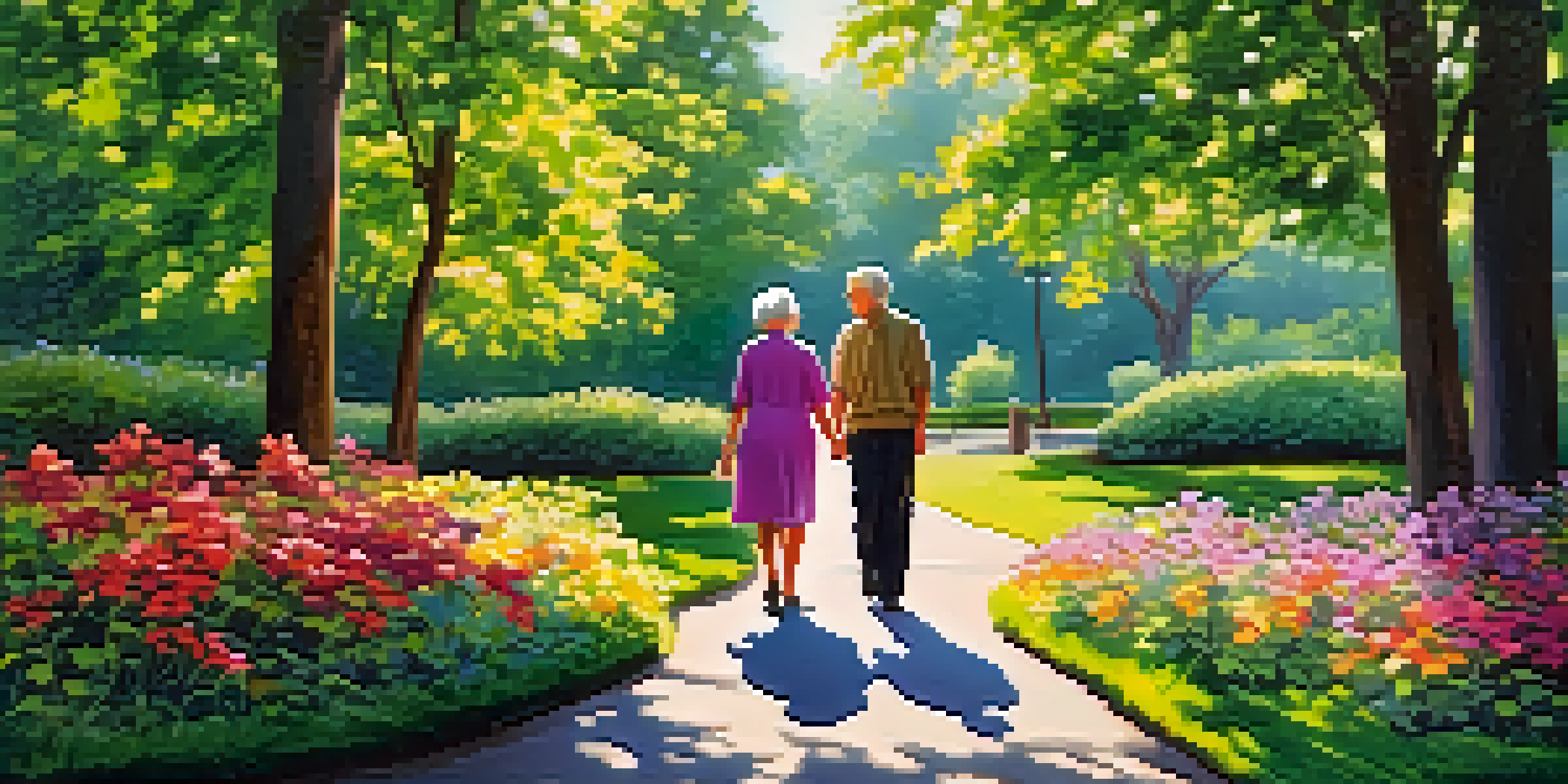 A senior couple walking hand in hand on a sunny park pathway, surrounded by flowers and trees.