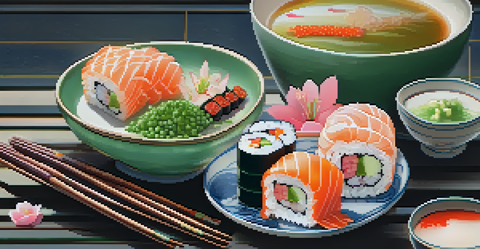 An elegant Japanese meal with sushi rolls, sashimi, and miso soup surrounded by cherry blossoms.