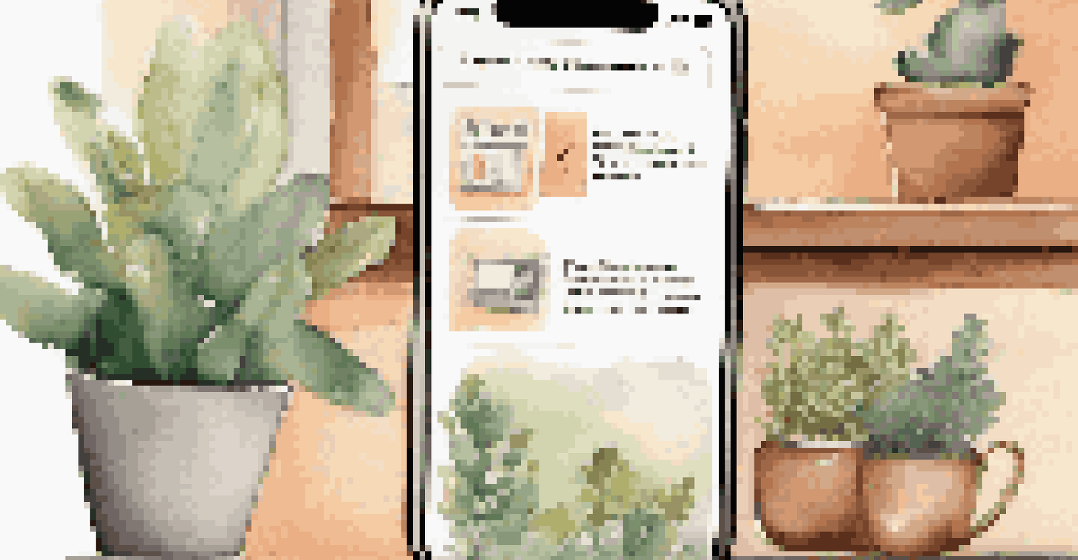 A smartphone screen displaying supportive mental health posts, set against a cozy living room background with plants and a cup of tea.