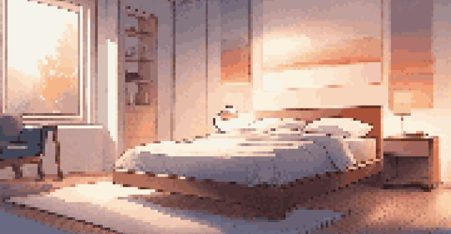 A modern bedroom with dimming smart lighting and a tablet showing a meditation app, creating a peaceful atmosphere for sleep preparation.