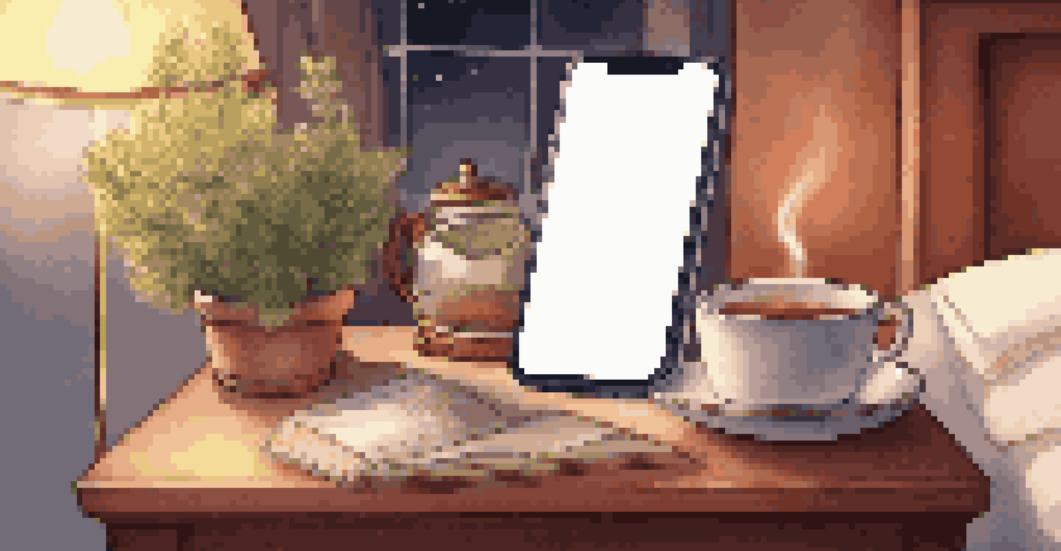 A close-up of a smartphone with notifications off on a nightstand, alongside a book and a cup of herbal tea, highlighting a peaceful nighttime ambiance.