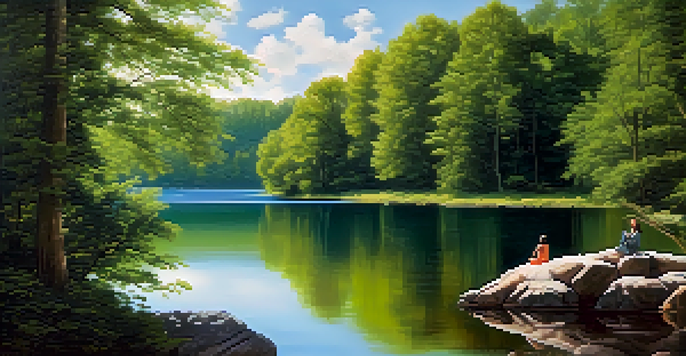 A person meditating by a calm lake, reflecting trees and clouds in the water, surrounded by greenery.
