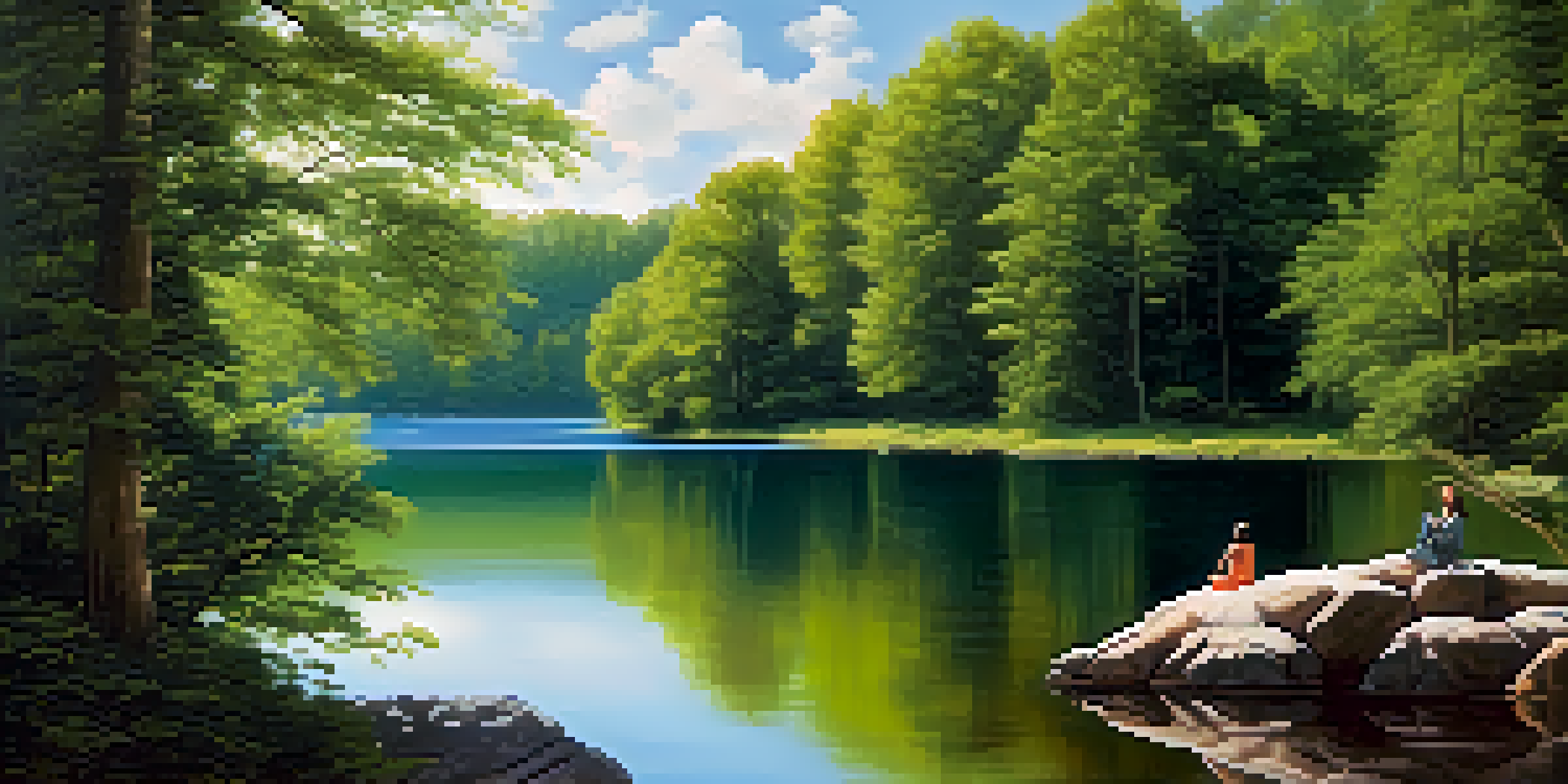A person meditating by a calm lake, reflecting trees and clouds in the water, surrounded by greenery.