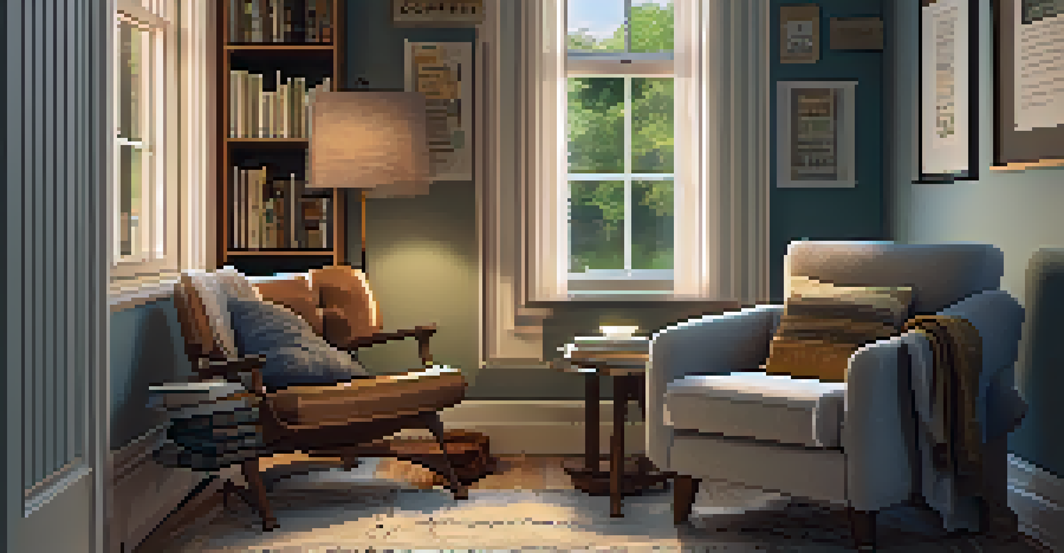 A cozy reading nook featuring a comfortable armchair, stacked journals, a cup of coffee, and warm lighting.