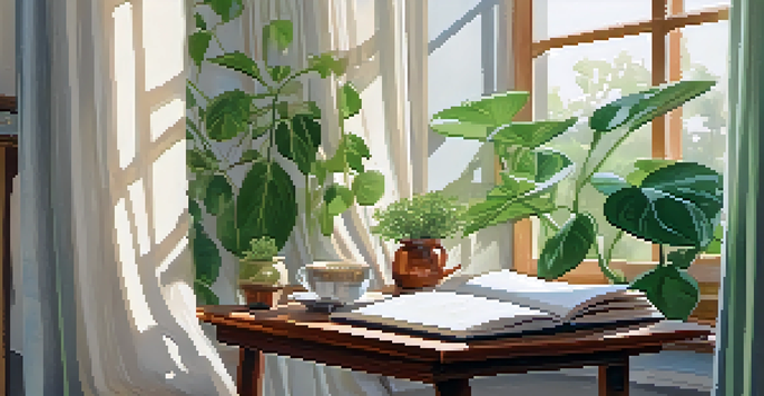 A cozy bedroom corner with soft light, an open journal, a pen, and a steaming cup of tea, surrounded by green plants.