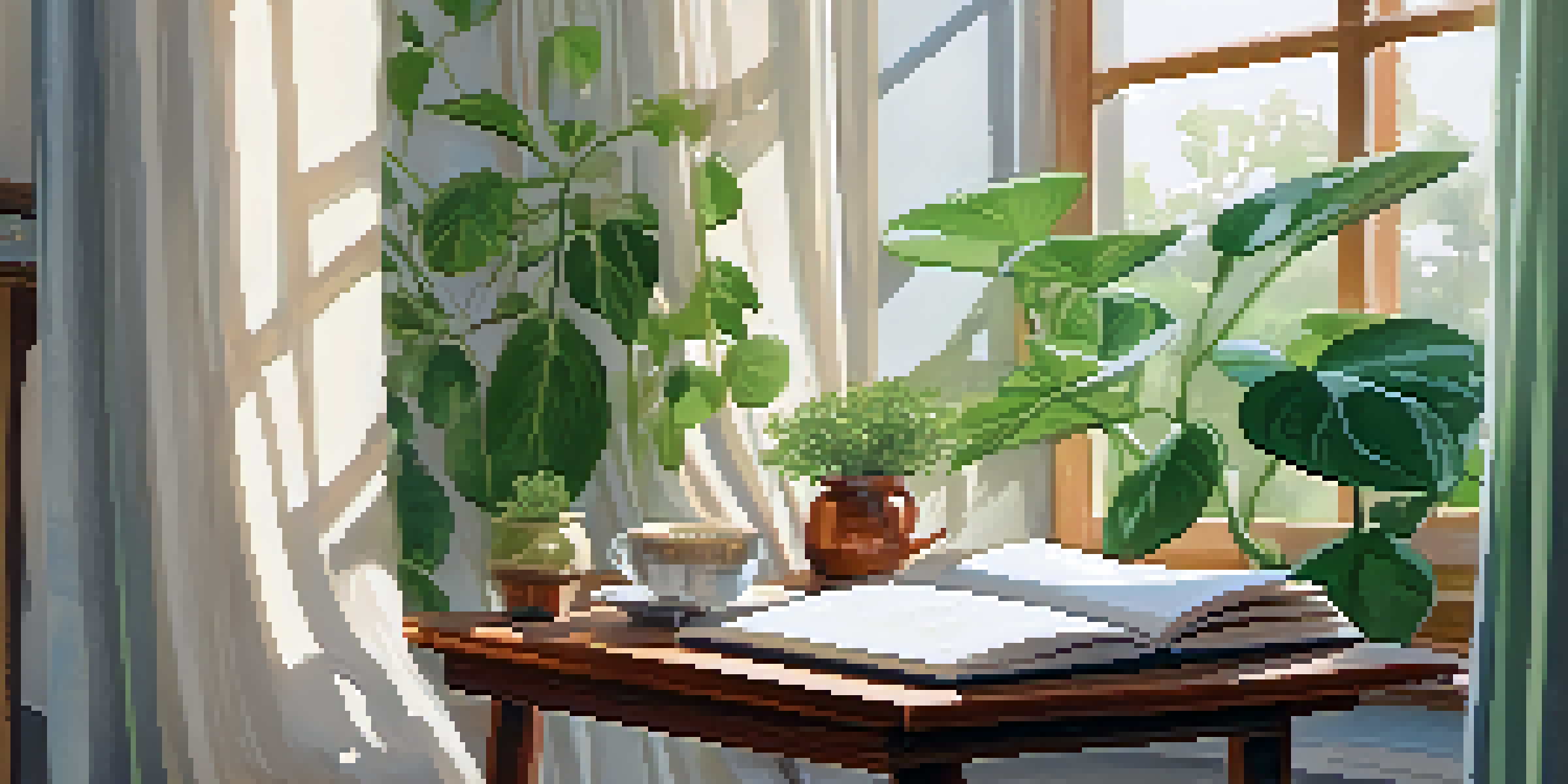 A cozy bedroom corner with soft light, an open journal, a pen, and a steaming cup of tea, surrounded by green plants.