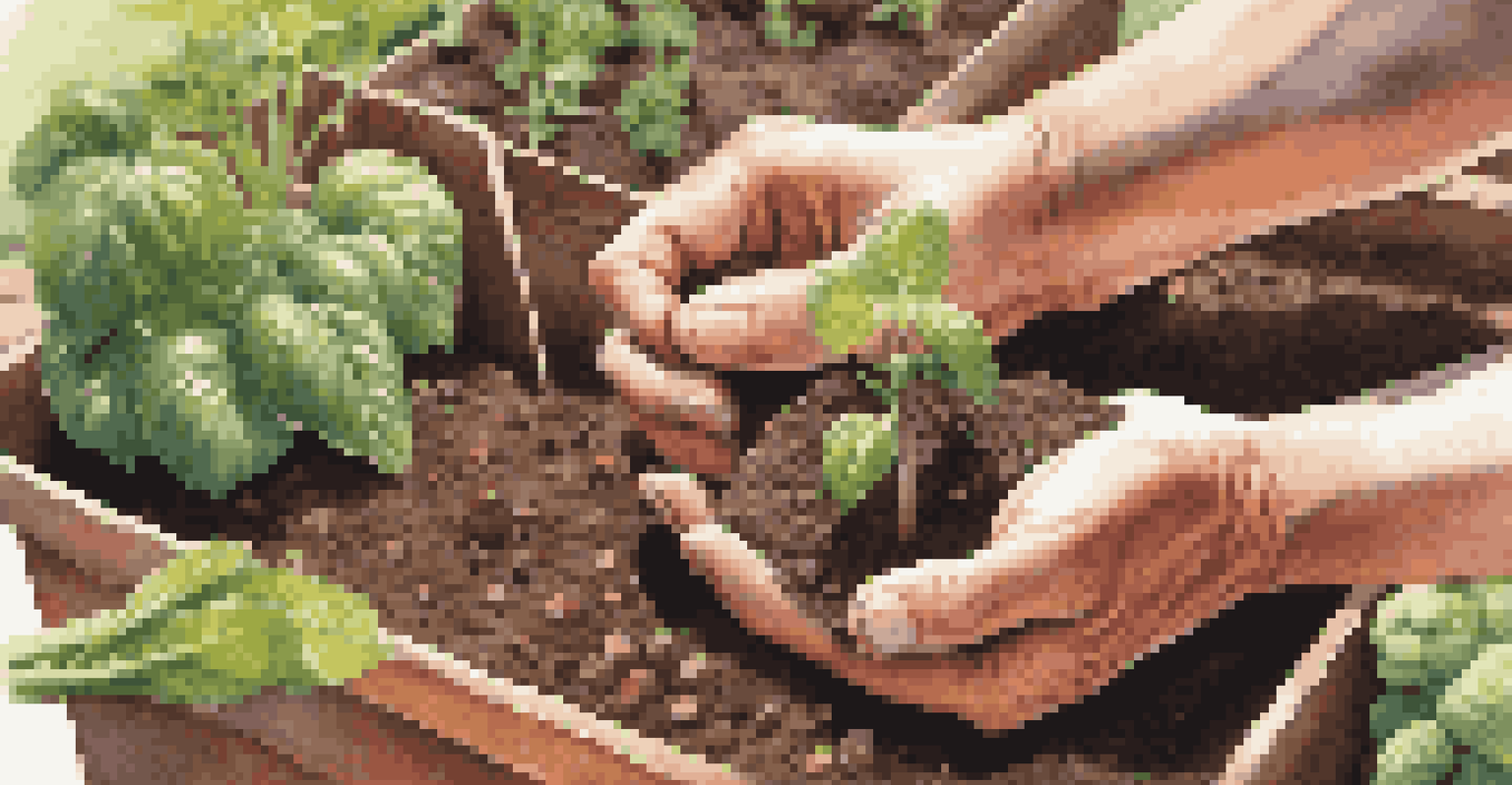Close-up of hands planting seeds in a community garden, surrounded by fresh vegetables and sunlight.
