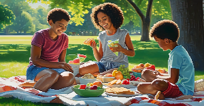 A diverse family having a picnic in a park, surrounded by healthy snacks on a blanket.