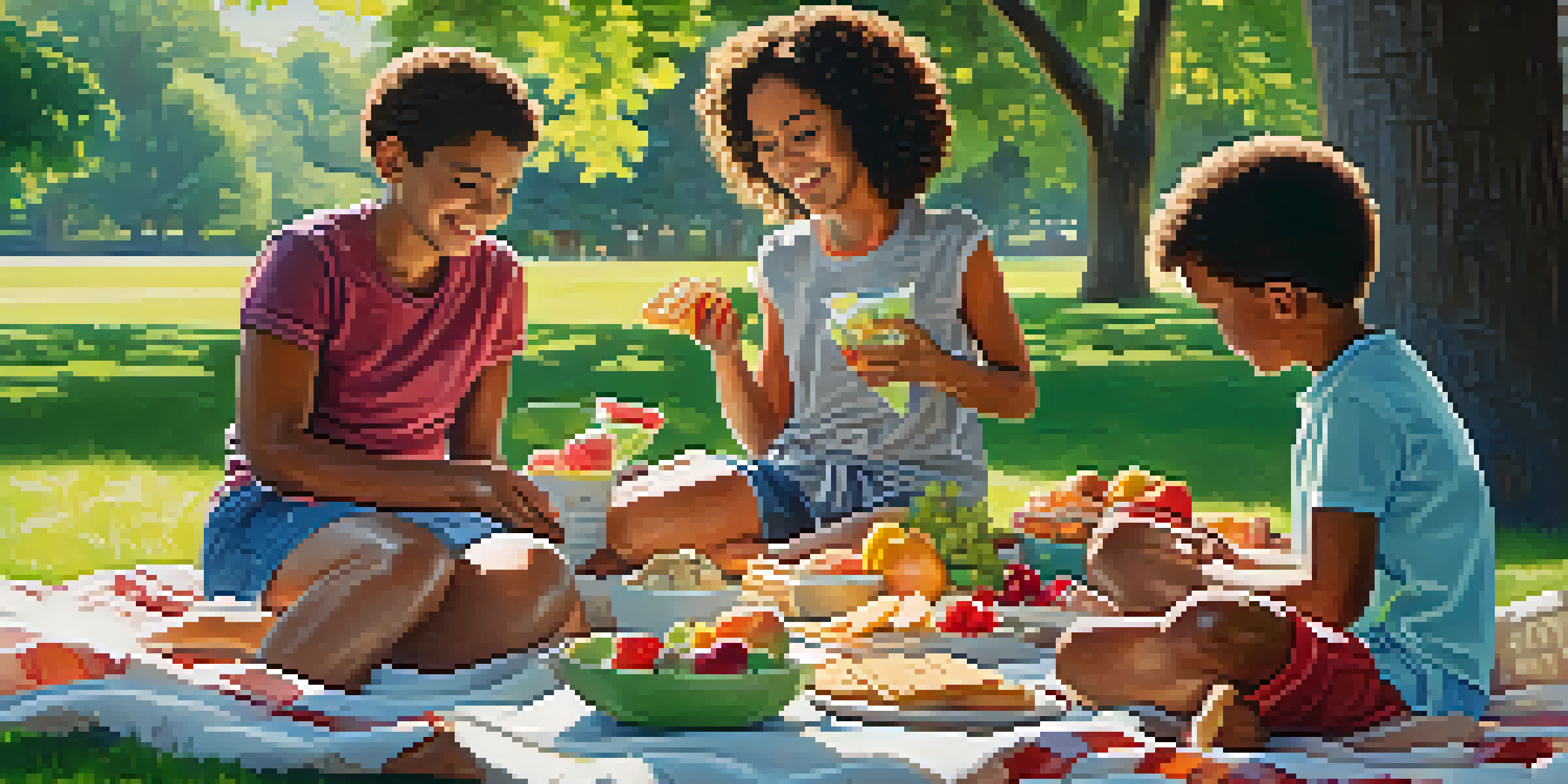 A diverse family having a picnic in a park, surrounded by healthy snacks on a blanket.
