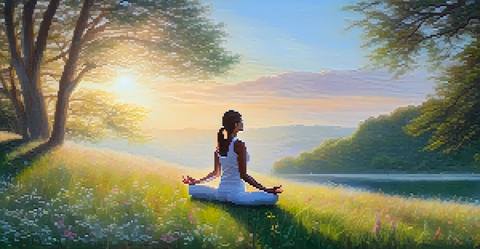 A woman practicing yoga at sunrise on a grassy hill, surrounded by wildflowers.